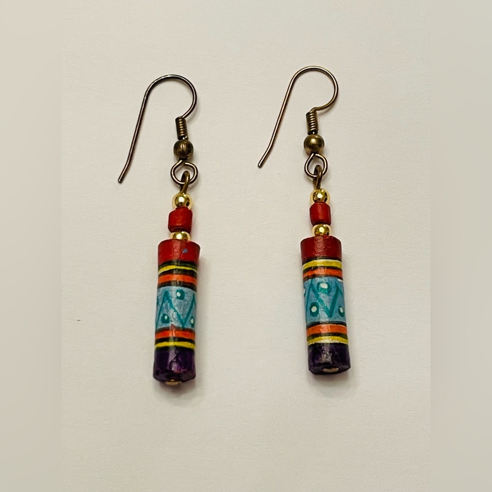 Handmade Peruvian Ceramic Bead Earrings Hand Painted Geometric Tribal Design‎